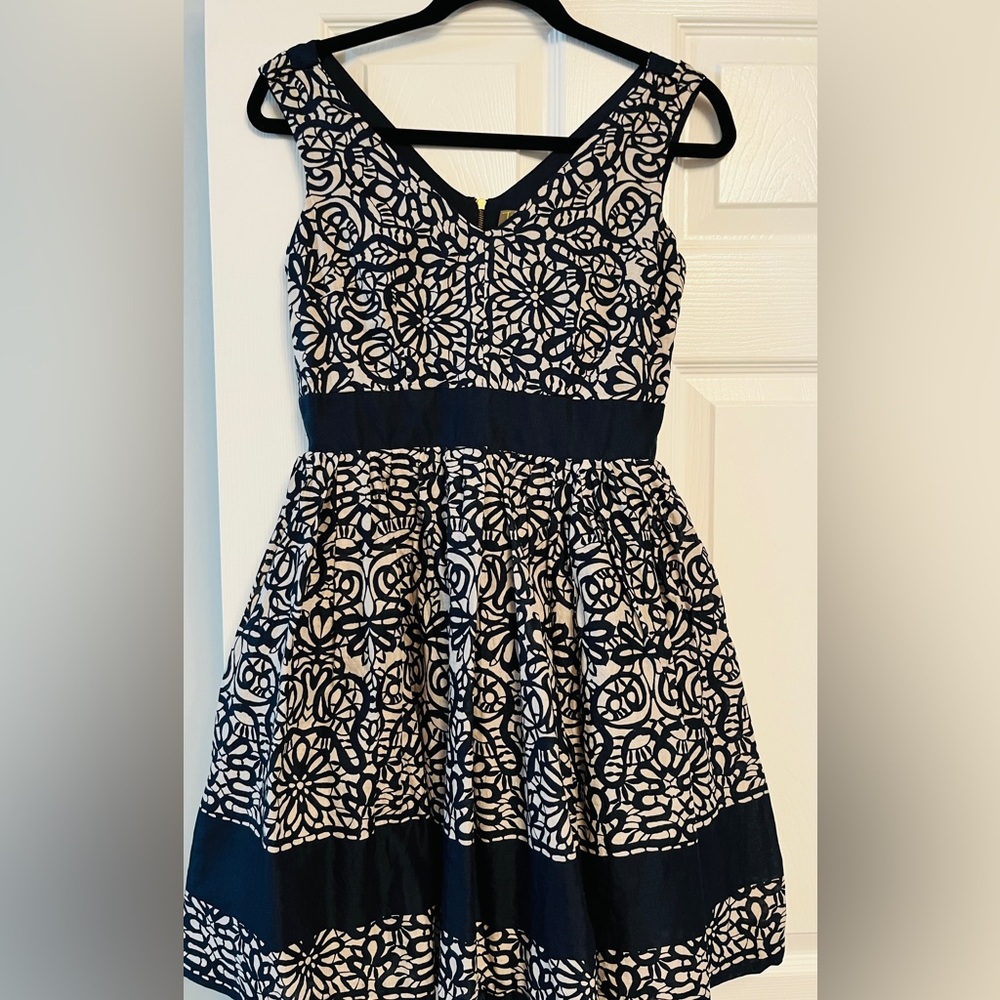 Taylor Cocktail Dress - Navy Blue Print, Split Strap.  Cotton.  Size 2.